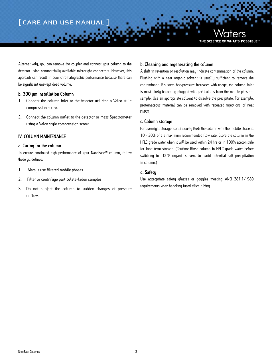 Care and use manual | Waters NanoEase Nano and Nanocapillary Columns User Manual | Page 3 / 4