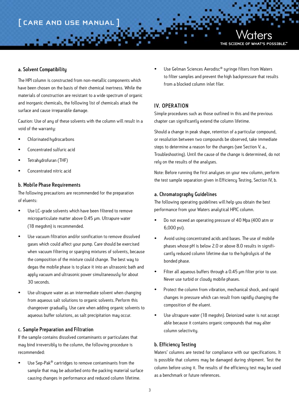 Care and use manual | Waters Delta-Pak High Pressure Insert HPLC Column User Manual | Page 3 / 7