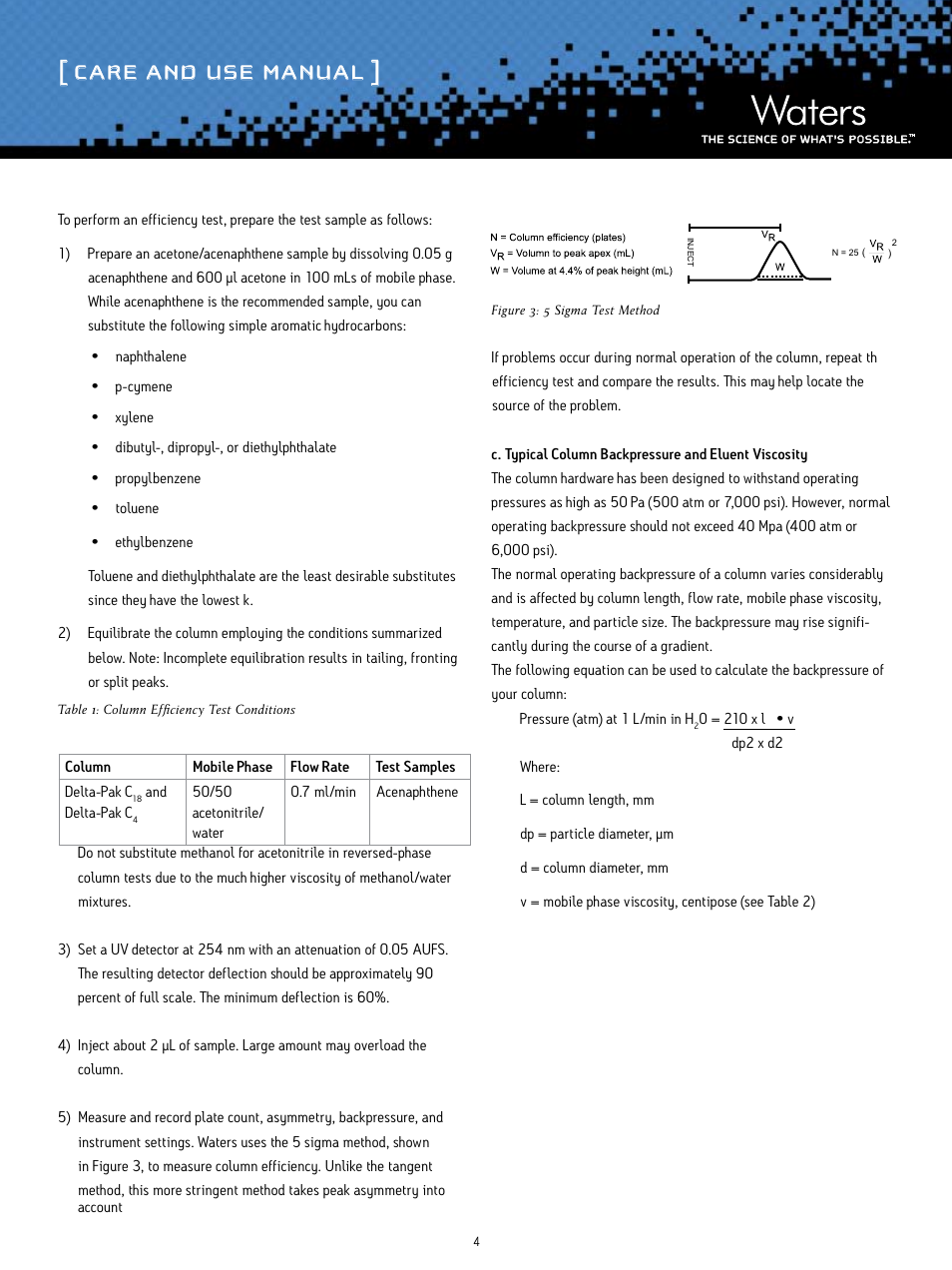 Care and use manual | Waters Delta-Pak High Pressure Insert HPLC Column User Manual | Page 4 / 7