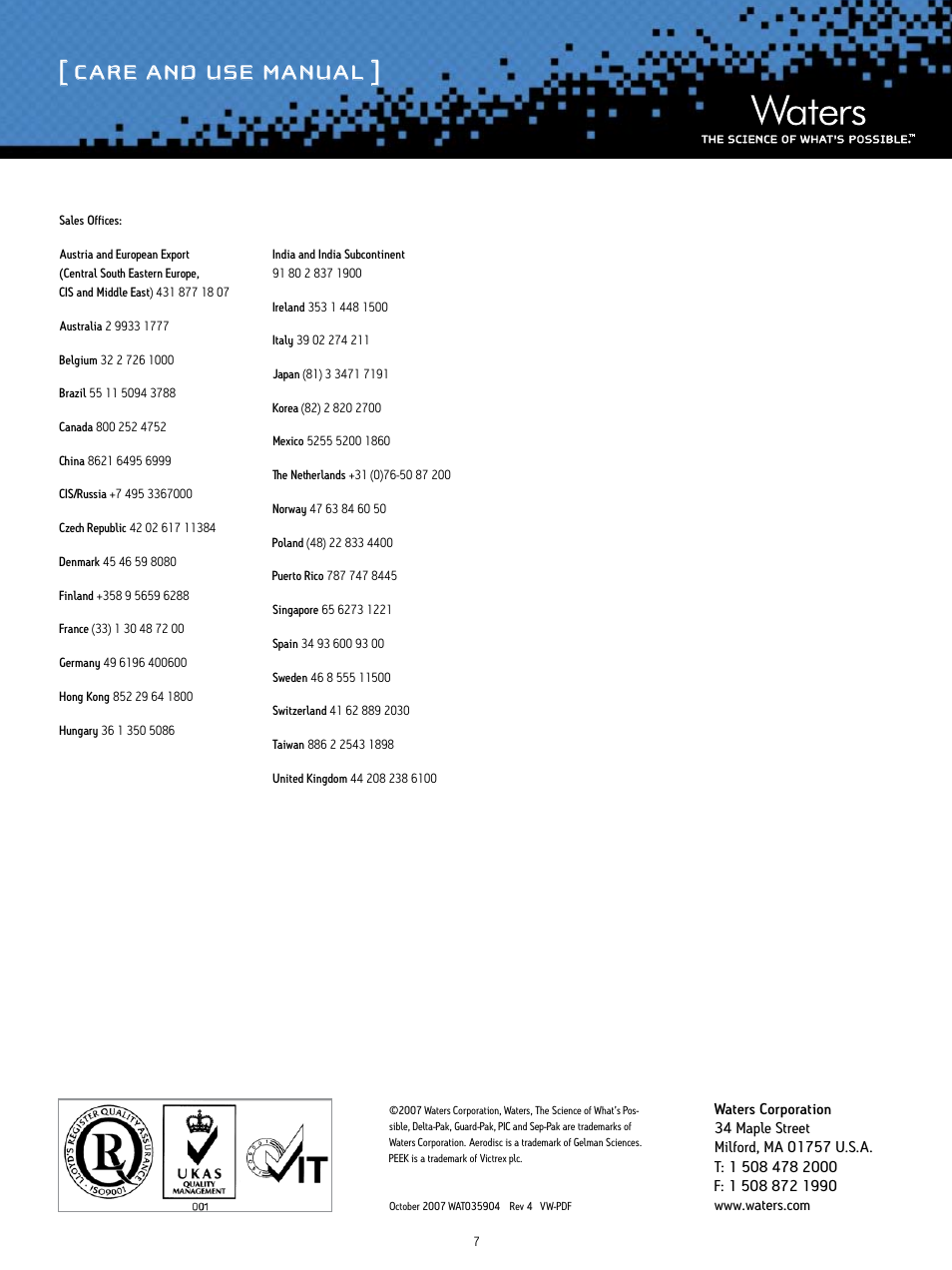 Care and use manual | Waters Delta-Pak High Pressure Insert HPLC Column User Manual | Page 7 / 7