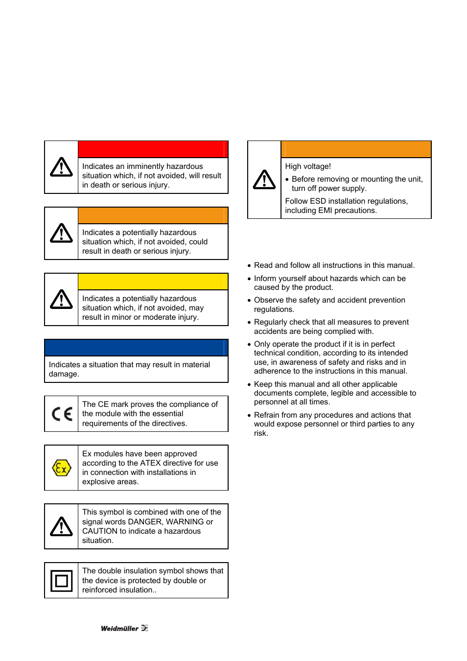 6 symbol identification, 7 electrical precautions, 8 general instructions | Symbol identification, Electrical precautions, General instructions | Weidmuller ACT20X User Manual | Page 10 / 182