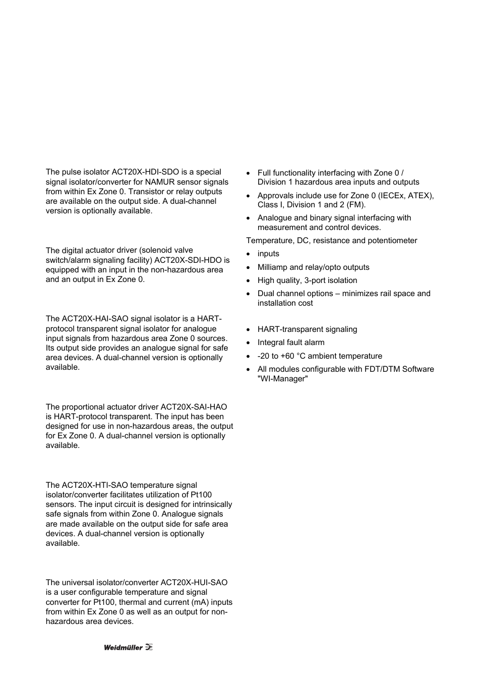 3 the six basic module types in detail, Namur pulse isolator, Solenoid/alarm driver | Hart-transparent repeater, Hart-transparent driver, Temperature/ma converter, Universal converter, Features, The six basic module types in detail | Weidmuller ACT20X User Manual | Page 14 / 182