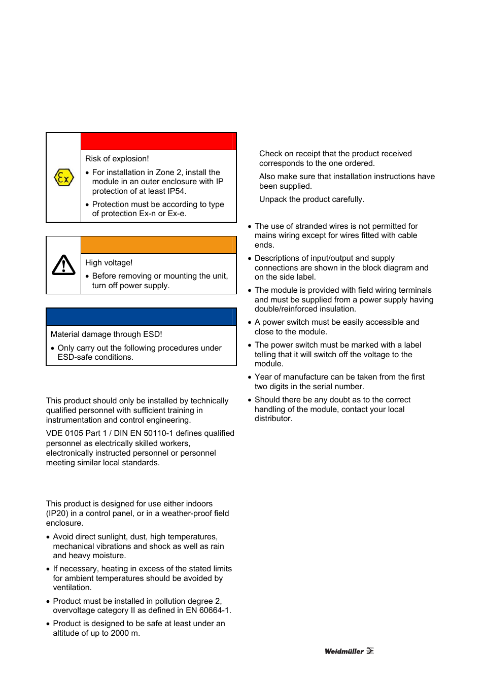 Installation, 1 general, 1 environment | 2 unpacking, General, Environment, Unpacking | Weidmuller ACT20X User Manual | Page 15 / 182