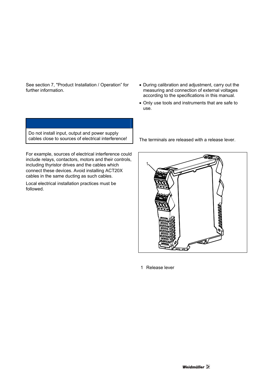 5 electrical connections, 1 emi protection, 6 calibration and adjustment | 7 release lever, Electrical connections, Emi protection, Calibration and adjustment, Release lever | Weidmuller ACT20X User Manual | Page 17 / 182