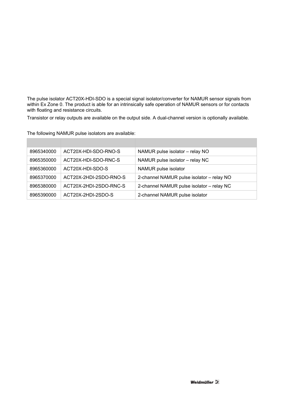 Product installation / operation, 1 act20x-hdi-sdo (namur pulse isolator), 1 description | Act20x-hdi-sdo (namur pulse isolator), Description | Weidmuller ACT20X User Manual | Page 21 / 182