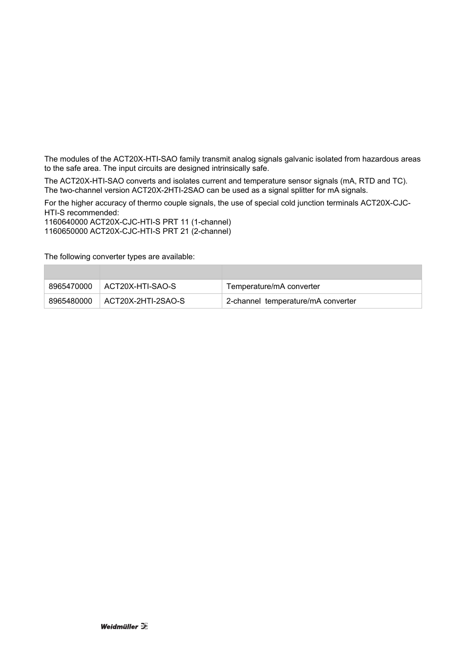 2 act20x-hti-sao (temperature/ma converter), 1 description, Act20x-hti-sao (temperature/ma converter) | Description | Weidmuller ACT20X User Manual | Page 28 / 182