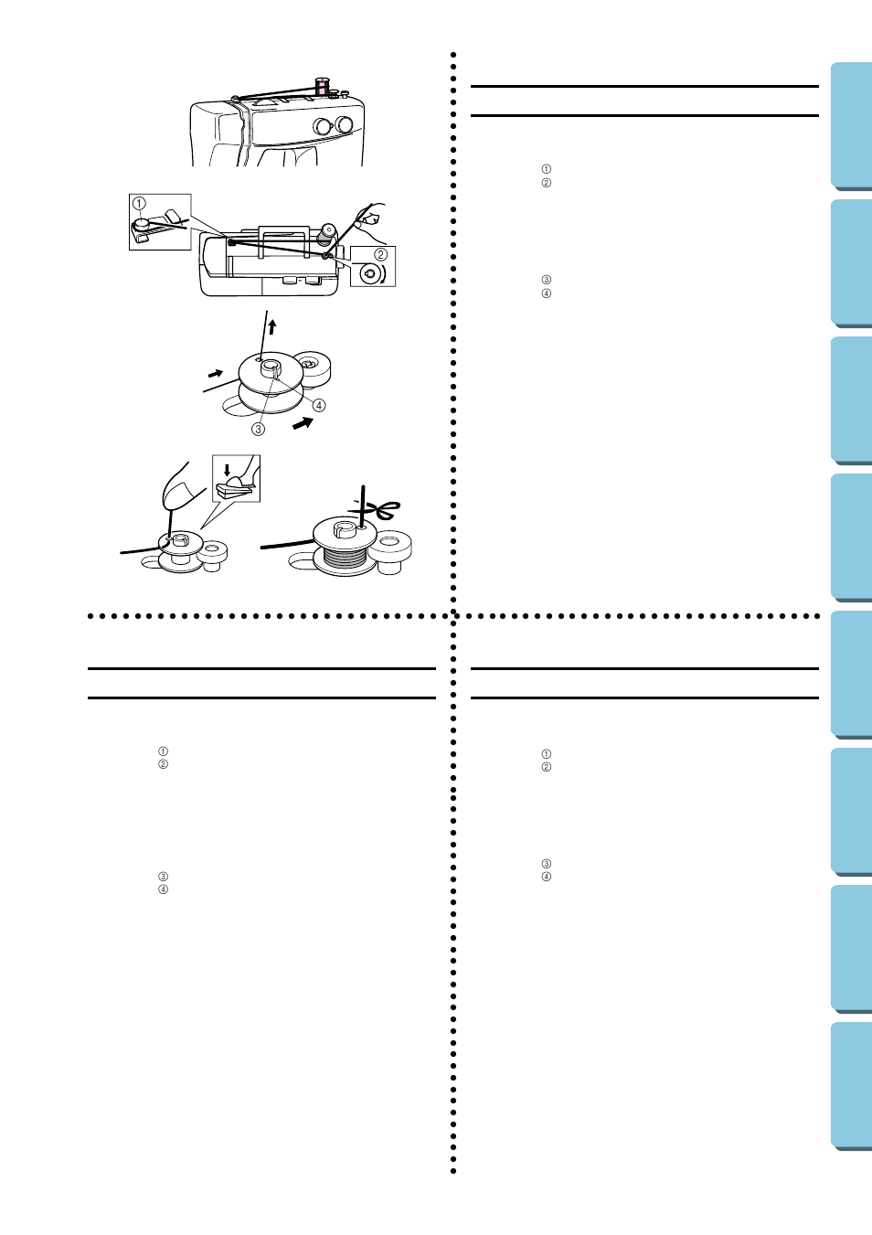 Threading the machine, Winding the bobbin, Enhebrado de la máquina | Procedure di infilatura, Bobinado de la canilla, Avvolgimento della spoletta | Brother XL-5032 User Manual | Page 31 / 83