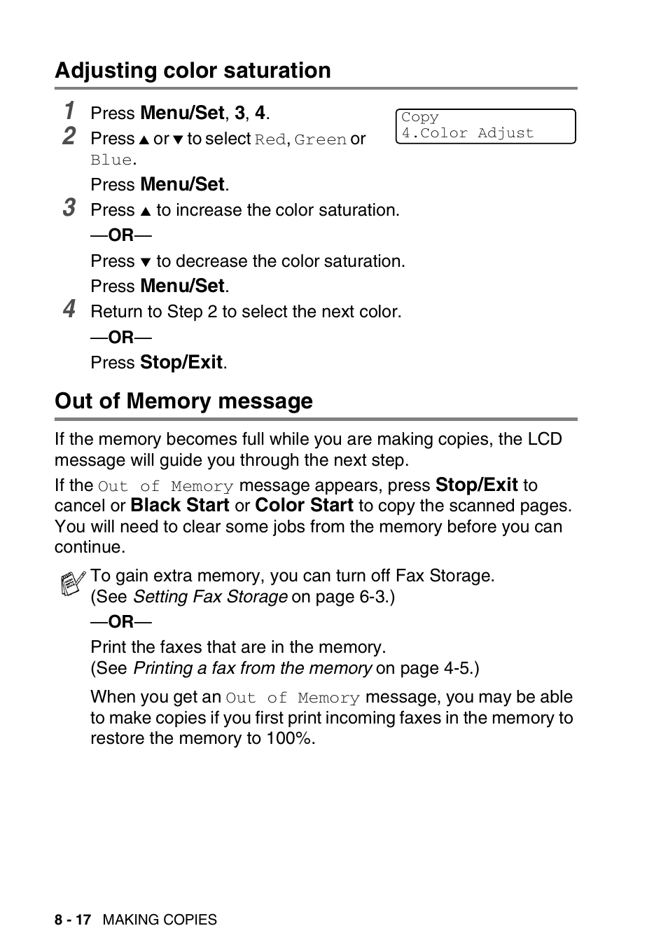 Adjusting color saturation, Out of memory message | Brother MFC-5440CN User Manual | Page 105 / 211