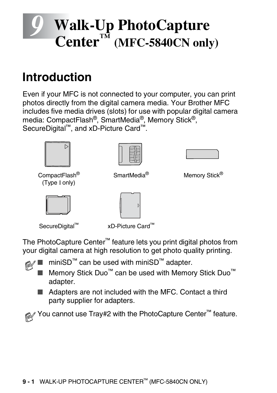 9 walk-up photocapture center™ (mfc-5840cn only), Introduction, Walk-up photocapture center | Mfc-5840cn only) -1, Introduction -1, Mfc-5840cn only) | Brother MFC-5440CN User Manual | Page 107 / 211