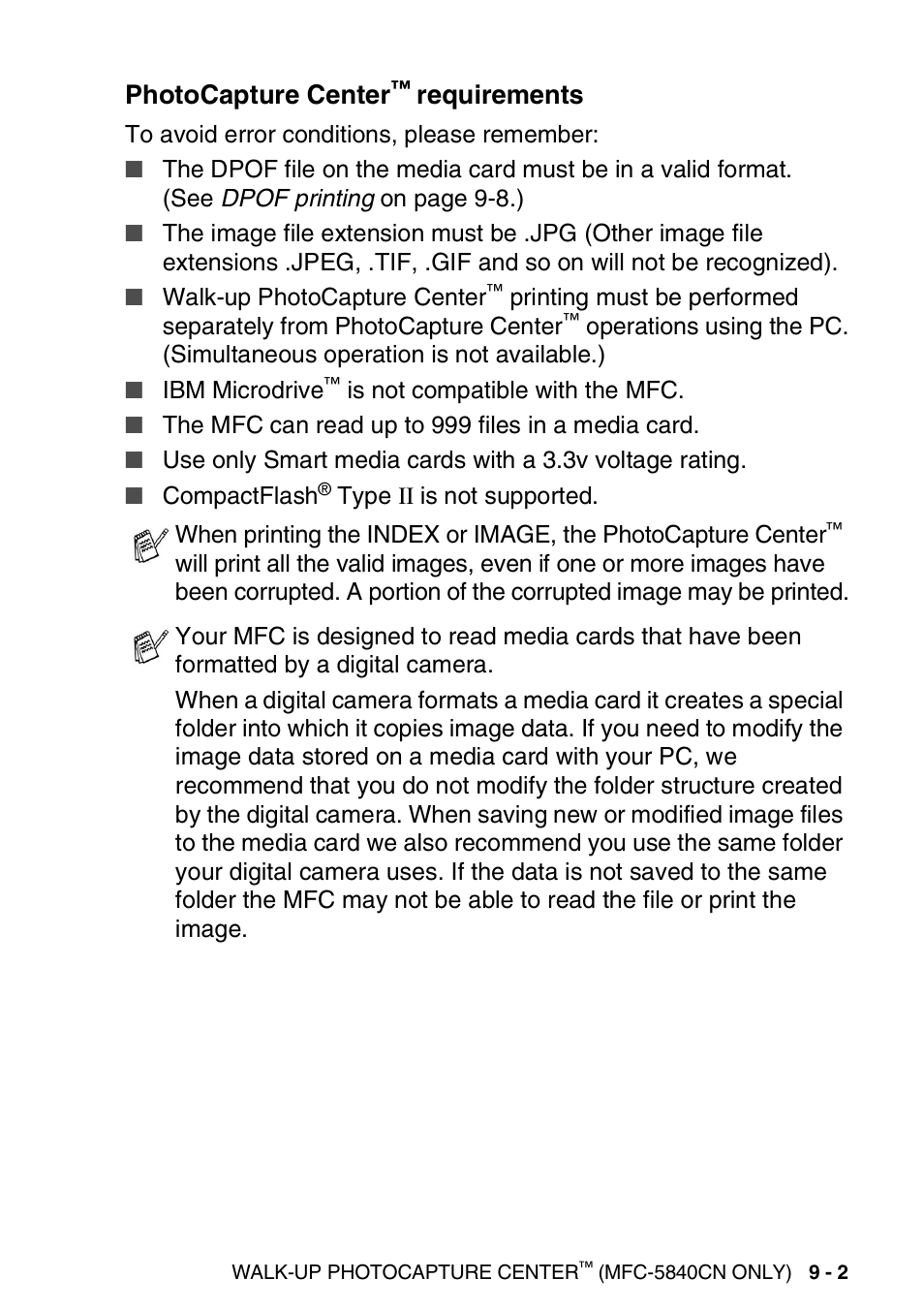 Photocapture center™ requirements, Photocapture center, Requirements -2 | Requirements | Brother MFC-5440CN User Manual | Page 108 / 211