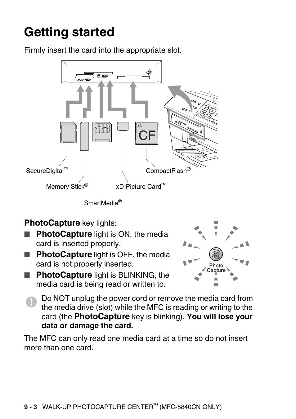 Getting started, Getting started -3, Photocapture | Brother MFC-5440CN User Manual | Page 109 / 211
