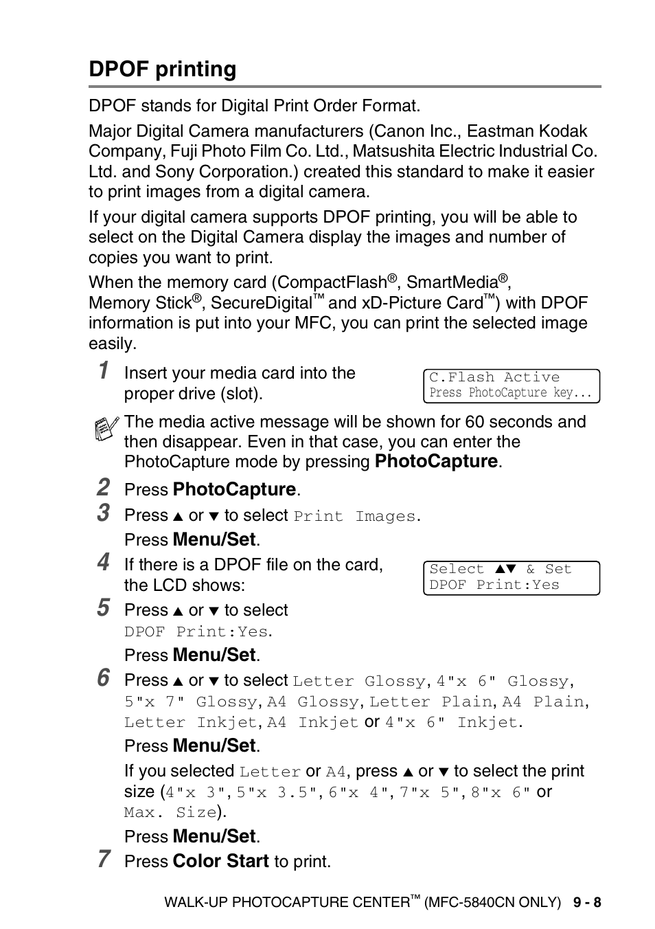 Dpof printing, Dpof printing -8 | Brother MFC-5440CN User Manual | Page 114 / 211