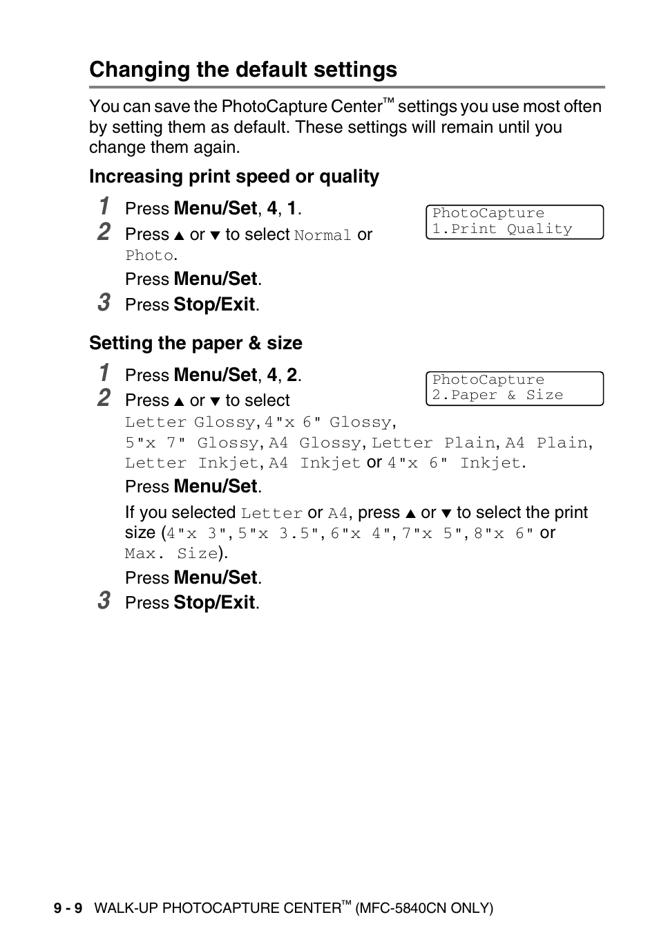 Changing the default settings, Increasing print speed or quality, Setting the paper & size | Changing the default settings -9 | Brother MFC-5440CN User Manual | Page 115 / 211