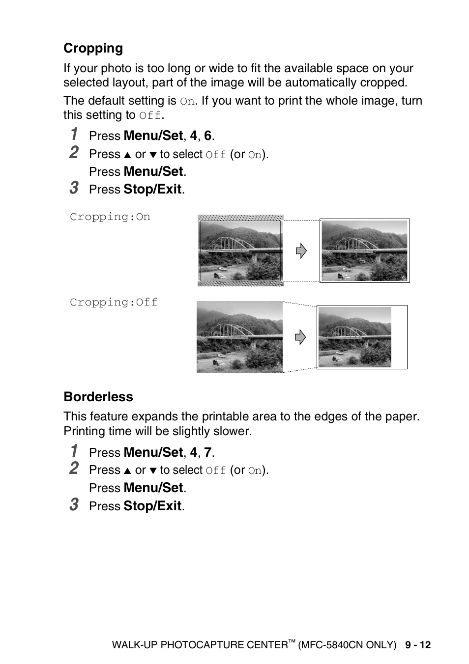 Cropping, Borderless, Cropping -12 borderless -12 | Menu/set, Stop/exit, Press, Cropping:on cropping:off, Walk-up photocapture center | Brother MFC-5440CN User Manual | Page 118 / 211