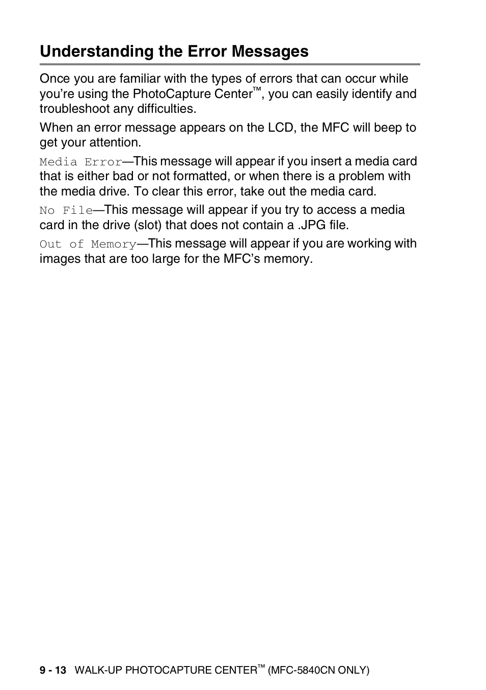 Understanding the error messages, Understanding the error messages -13 | Brother MFC-5440CN User Manual | Page 119 / 211