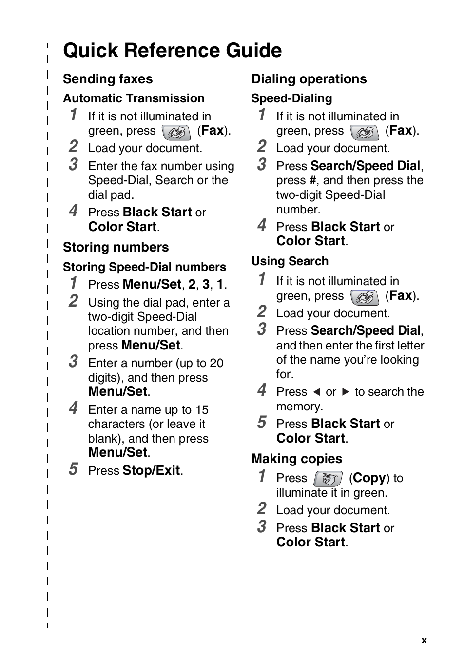 Quick reference guide, Sending faxes, Storing numbers | Dialing operations, Making copies | Brother MFC-5440CN User Manual | Page 12 / 211