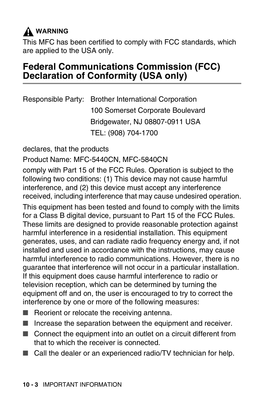 Federal communications commission (fcc), Declaration of conformity (usa only) -3 | Brother MFC-5440CN User Manual | Page 123 / 211