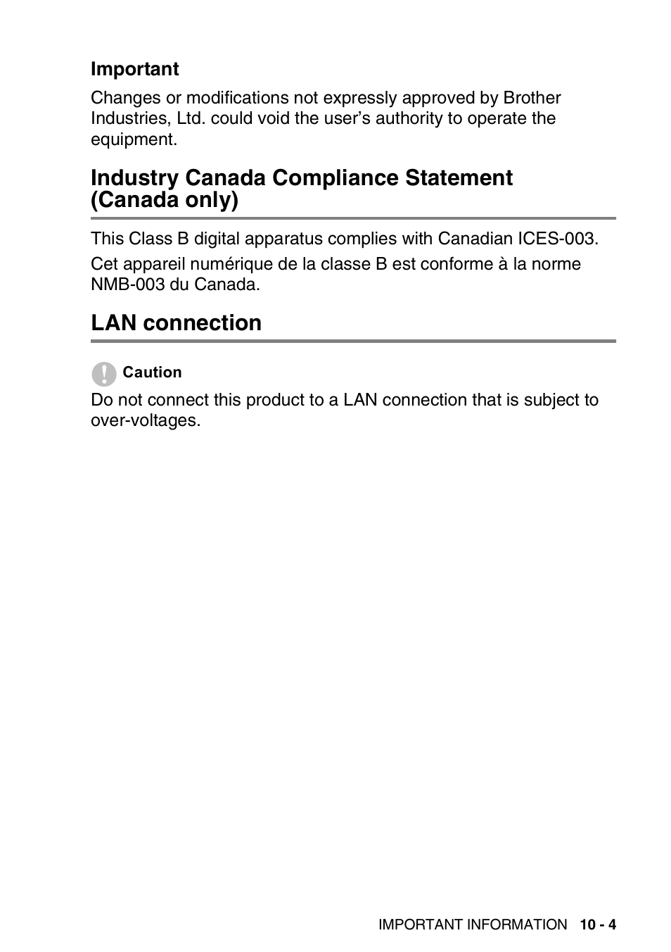 Important, Industry canada compliance statement (canada only), Lan connection | Important -4, Industry canada compliance statement, Canada only) -4, Lan connection -4 | Brother MFC-5440CN User Manual | Page 124 / 211