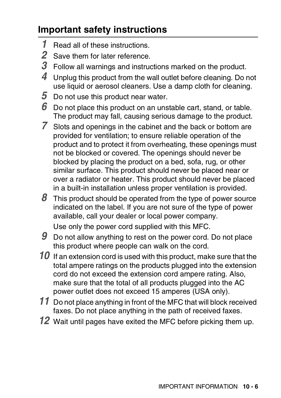 Important safety instructions, Important safety instructions -6 | Brother MFC-5440CN User Manual | Page 126 / 211