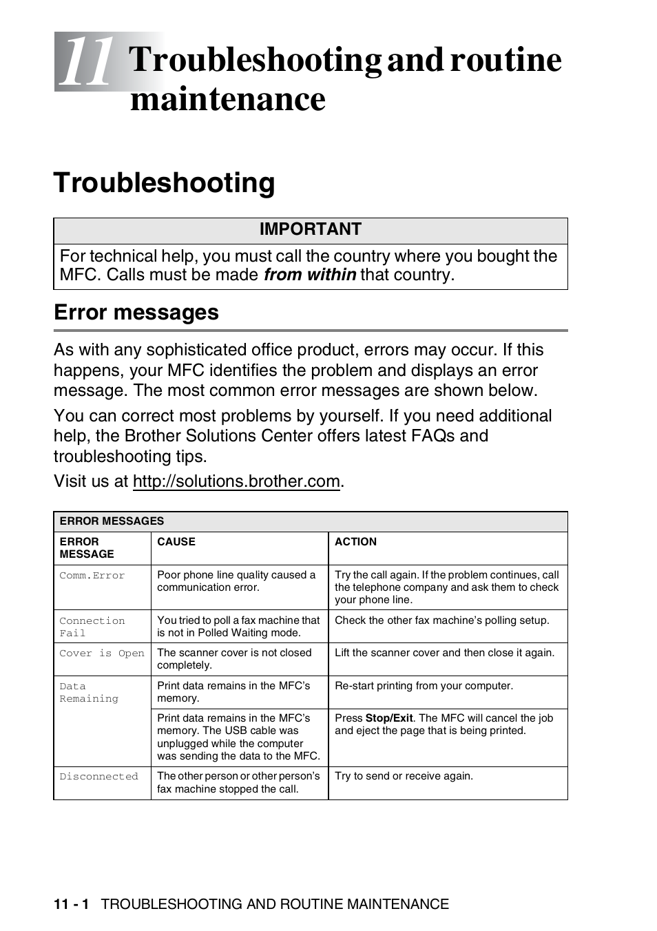 11 troubleshooting and routine maintenance, Troubleshooting, Error messages | Troubleshooting and routine maintenance -1, Troubleshooting -1, Error messages -1, Troubleshooting and routine maintenance | Brother MFC-5440CN User Manual | Page 129 / 211