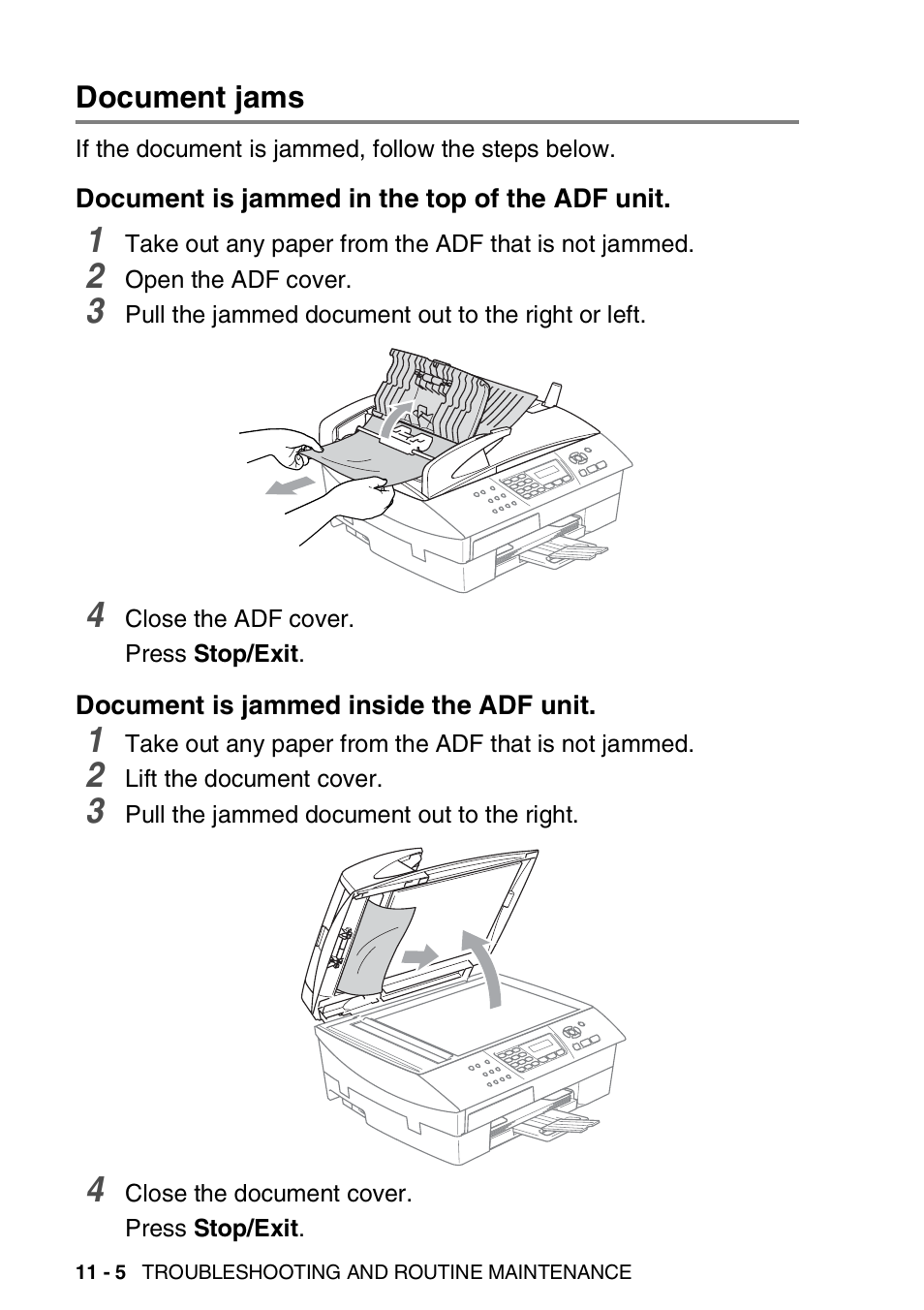 Document jams, Document is jammed in the top of the adf unit, Document is jammed inside the adf unit | Document jams -5 | Brother MFC-5440CN User Manual | Page 133 / 211