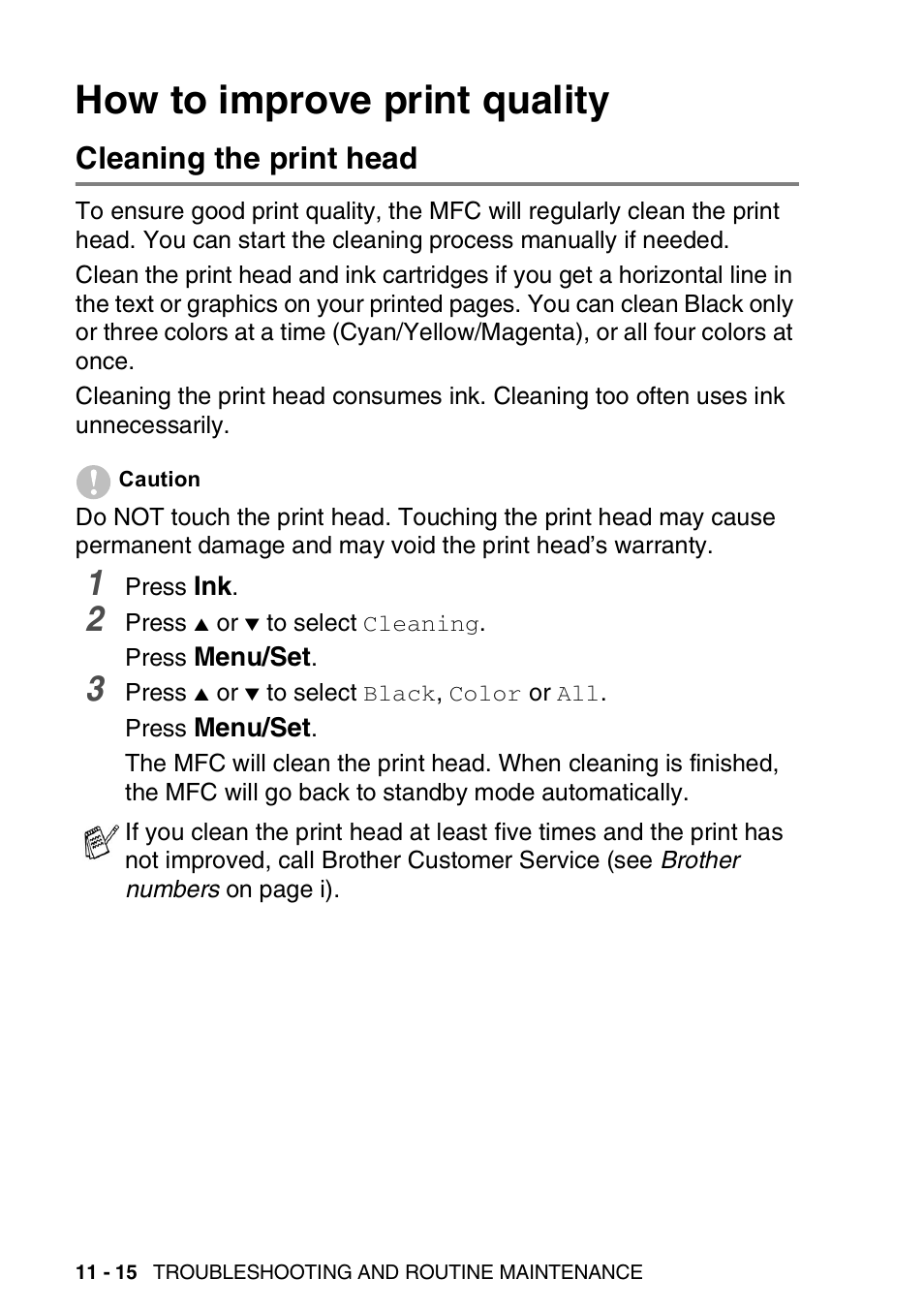 How to improve print quality, Cleaning the print head, How to improve print quality -15 | Cleaning the print head -15 | Brother MFC-5440CN User Manual | Page 143 / 211