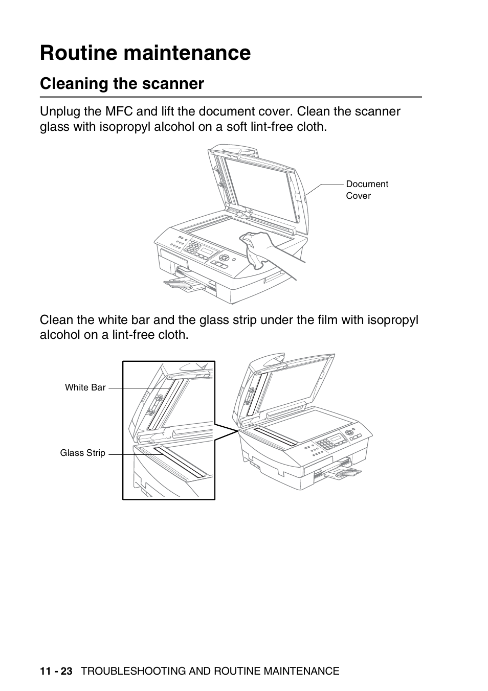 Routine maintenance, Cleaning the scanner, Routine maintenance -23 | Cleaning the scanner -23 | Brother MFC-5440CN User Manual | Page 151 / 211