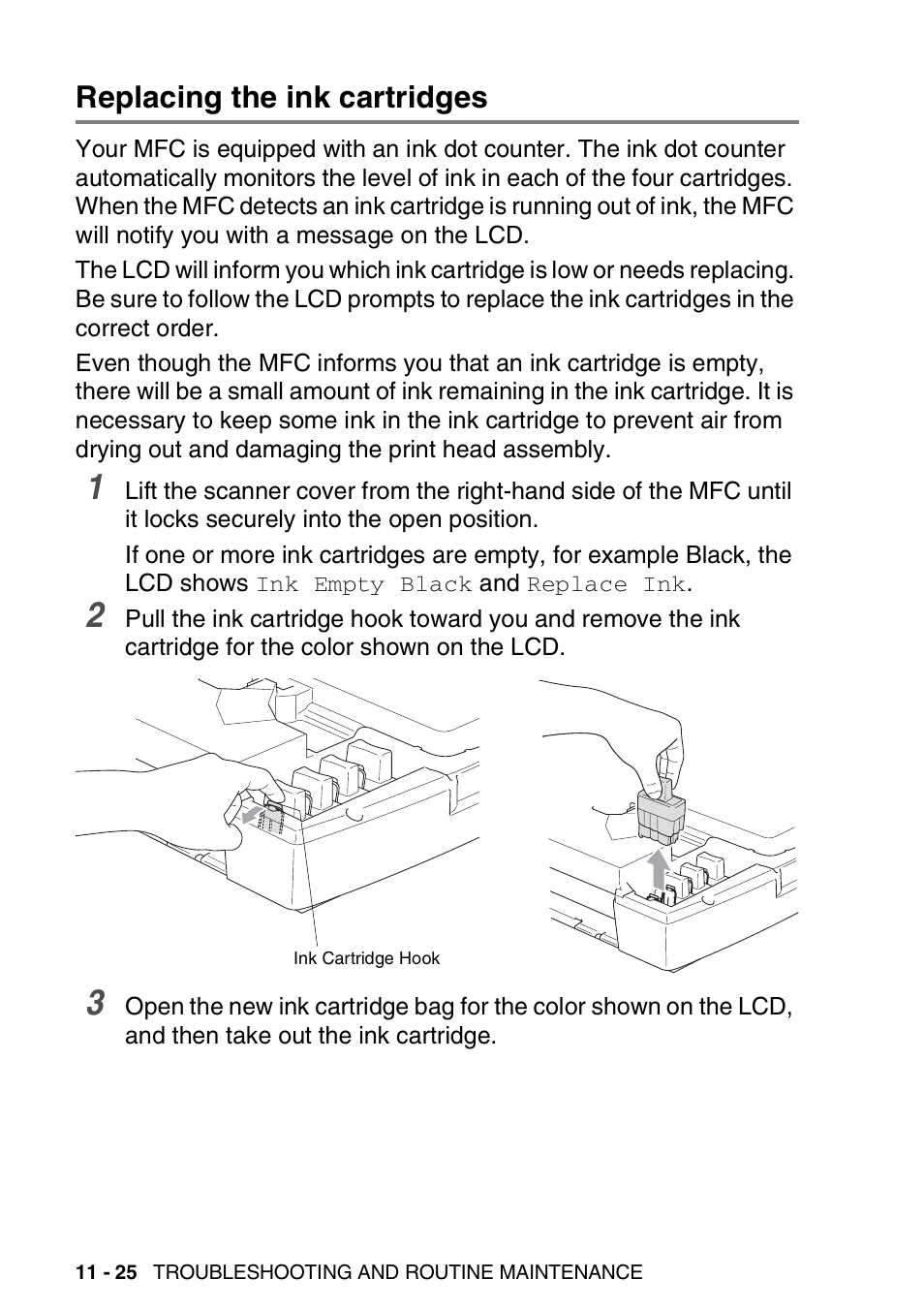 Replacing the ink cartridges, Replacing the ink cartridges -25 | Brother MFC-5440CN User Manual | Page 153 / 211