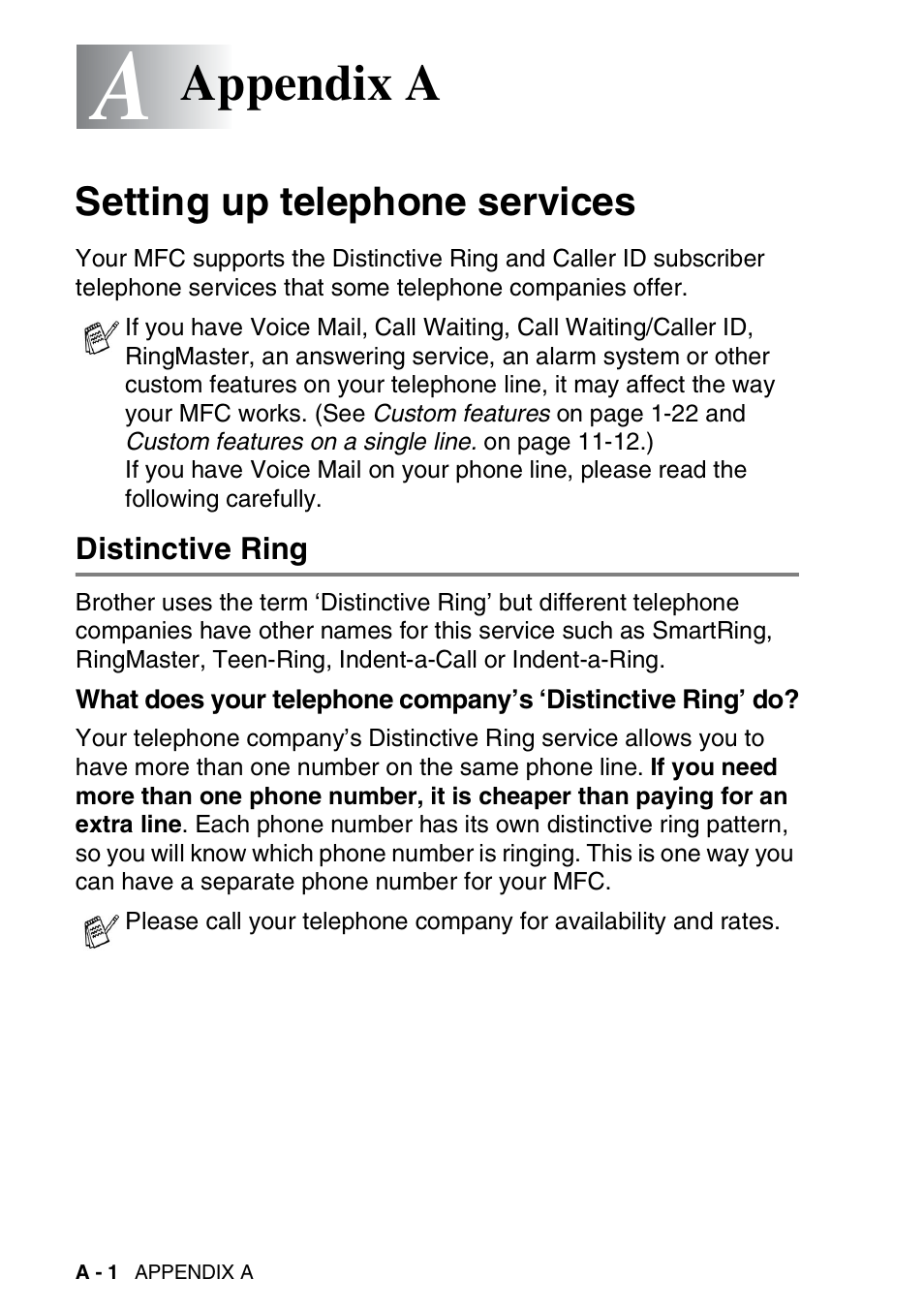 Appendix a, Setting up telephone services, Distinctive ring | What does your telephone company’s | Brother MFC-5440CN User Manual | Page 157 / 211