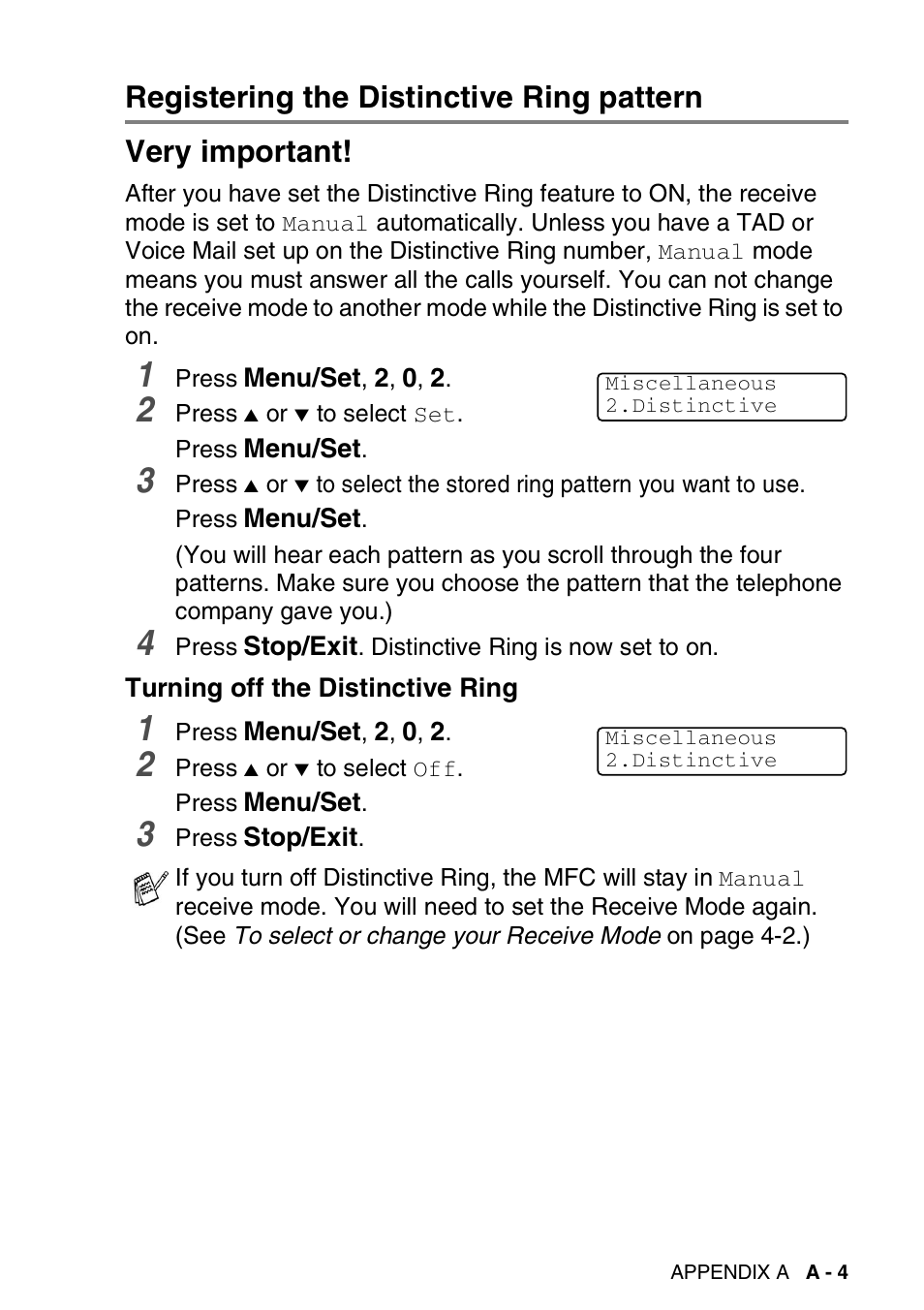 Registering the distinctive ring pattern, Turning off the distinctive ring | Brother MFC-5440CN User Manual | Page 160 / 211