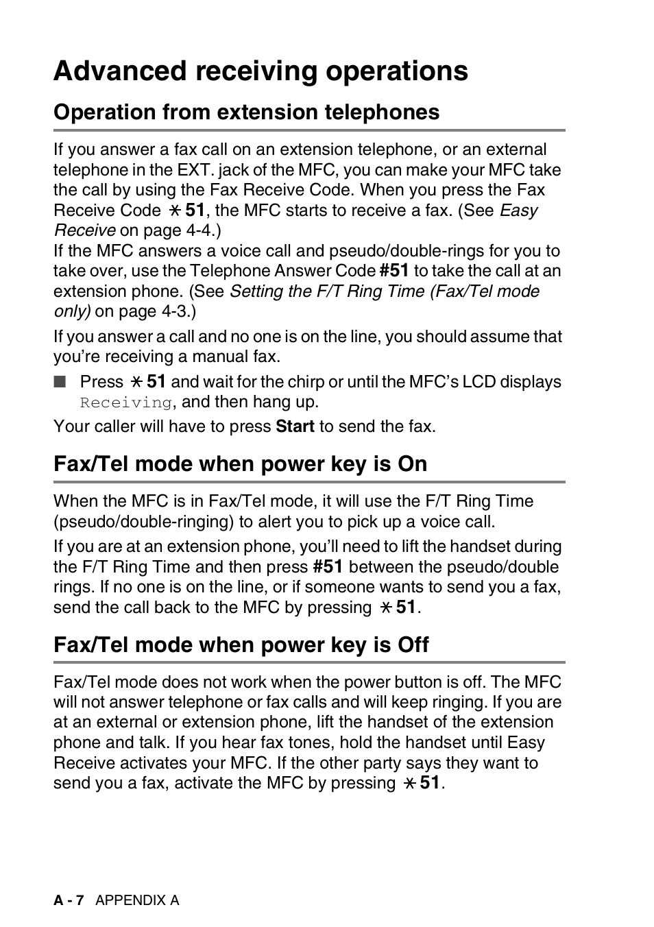 Advanced receiving operations, Operation from extension telephones, Fax/tel mode when power key is on | Fax/tel mode when power key is off | Brother MFC-5440CN User Manual | Page 163 / 211