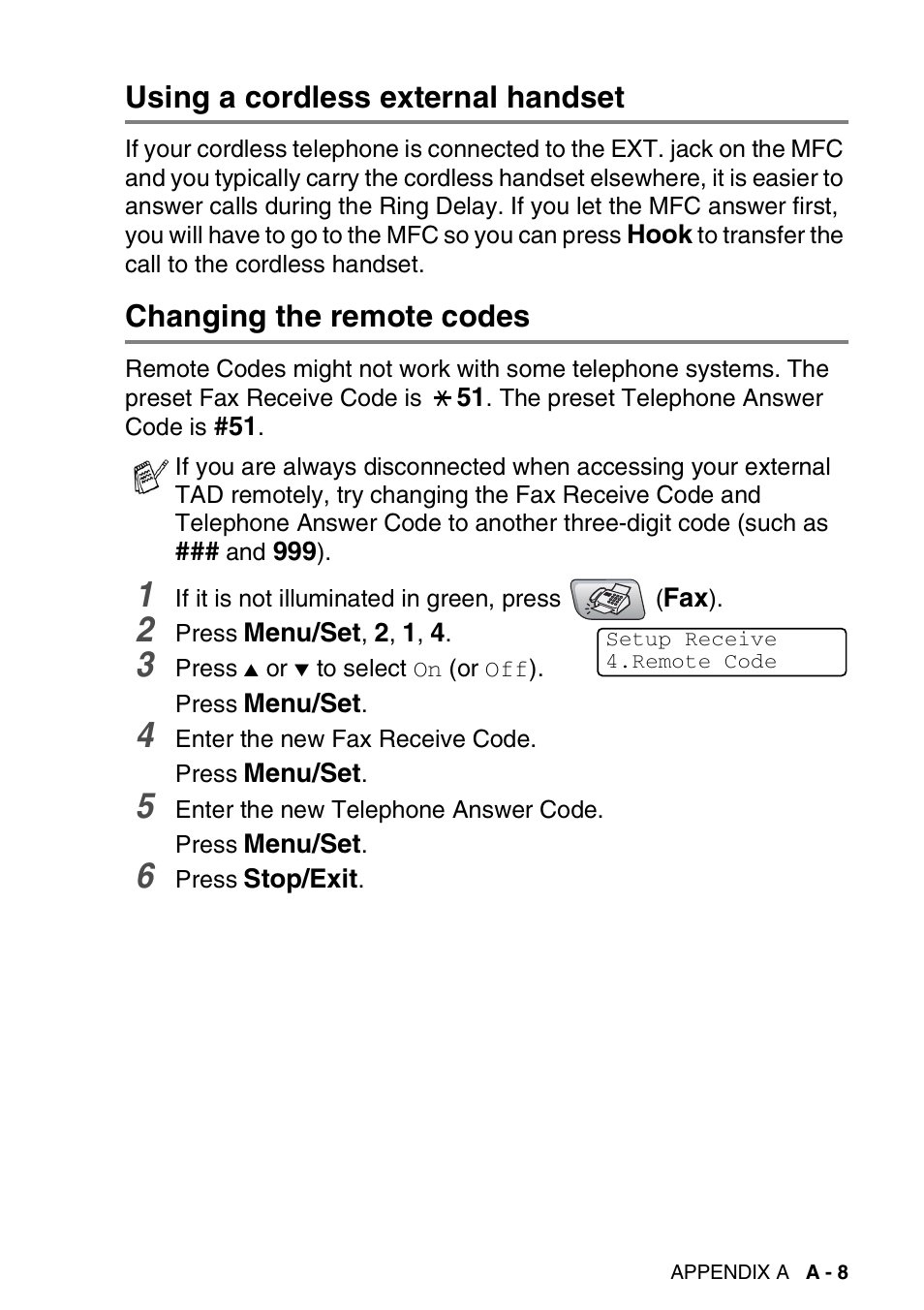 Using a cordless external handset, Changing the remote codes | Brother MFC-5440CN User Manual | Page 164 / 211