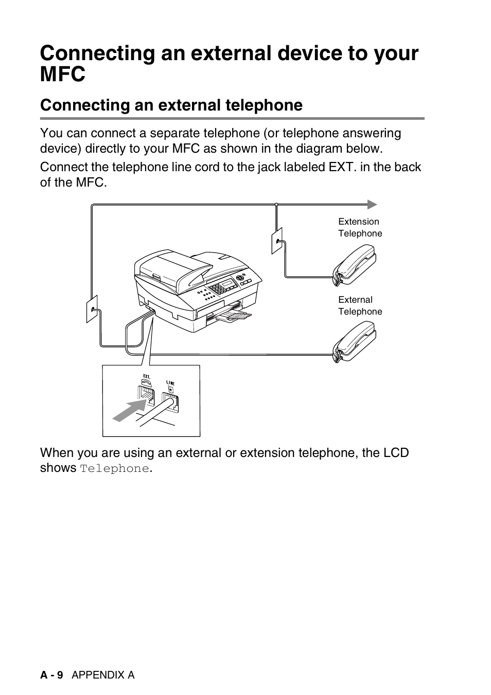 Connecting an external device to your mfc, Connecting an external telephone | Brother MFC-5440CN User Manual | Page 165 / 211