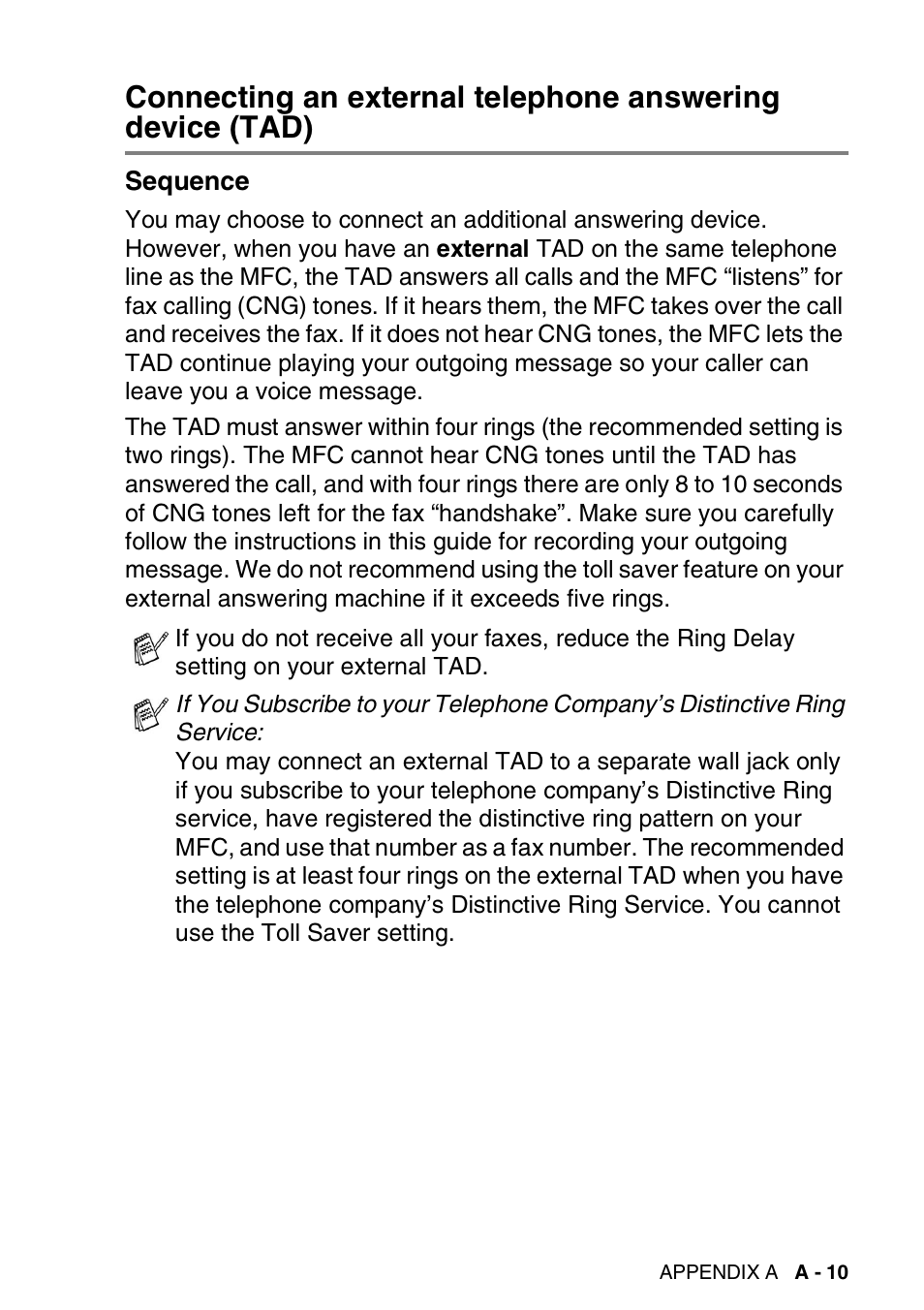 Sequence, Connecting an external telephone answering | Brother MFC-5440CN User Manual | Page 166 / 211