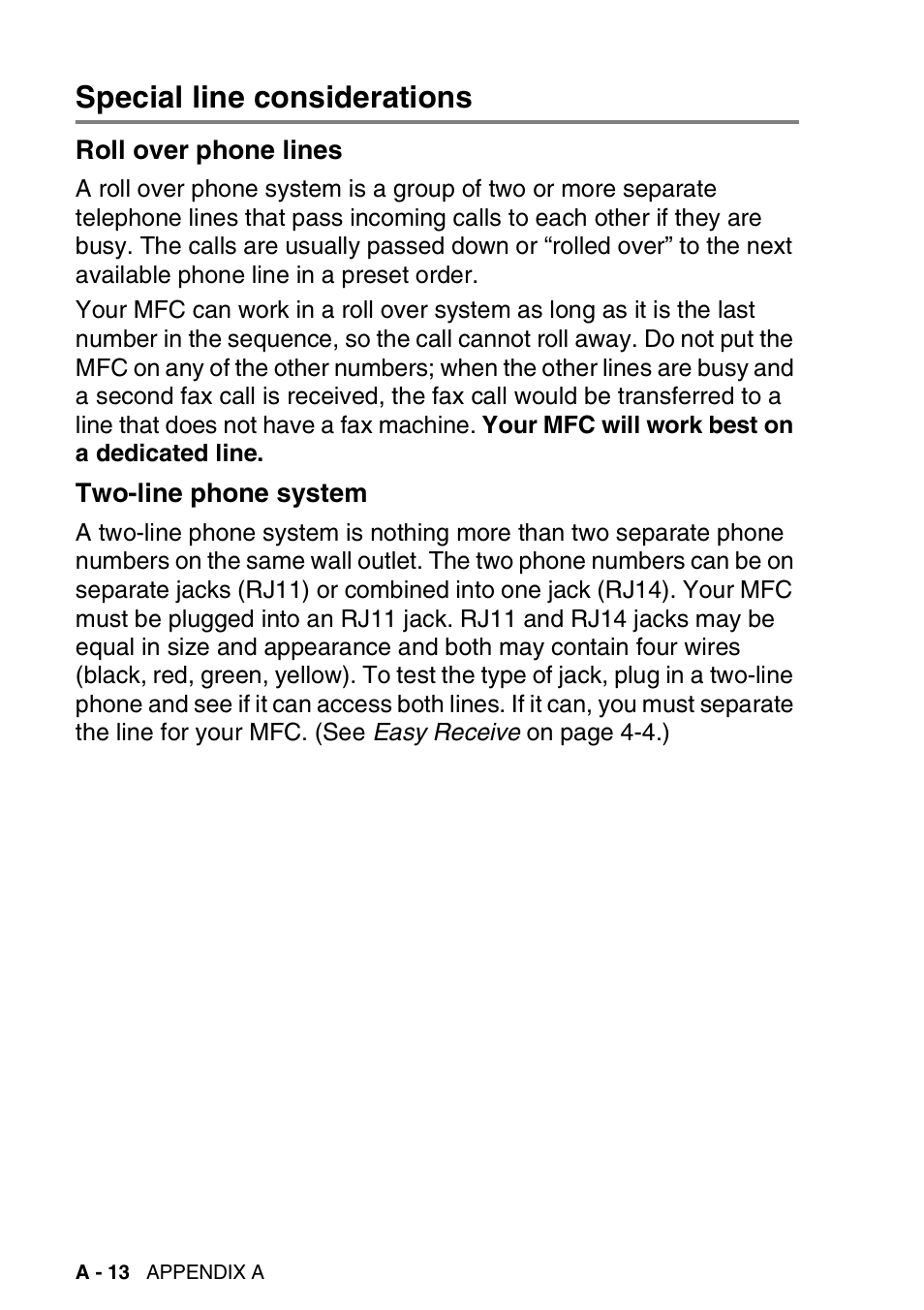 Special line considerations, Roll over phone lines, Two-line phone system | Brother MFC-5440CN User Manual | Page 169 / 211