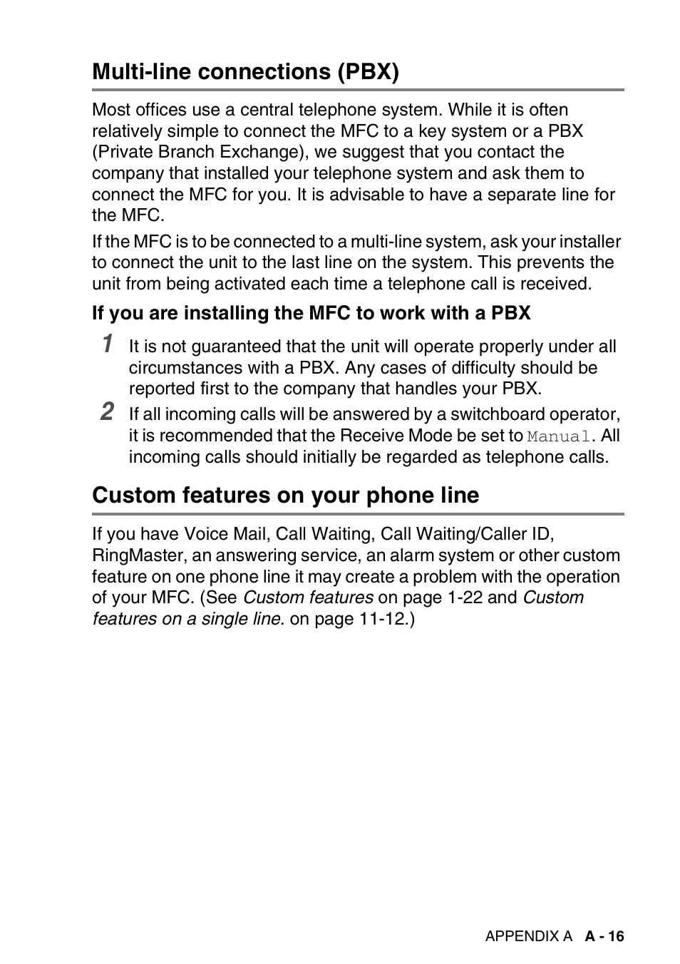 Multi-line connections (pbx), If you are installing the mfc to work with a pbx, Custom features on your phone line | Brother MFC-5440CN User Manual | Page 172 / 211