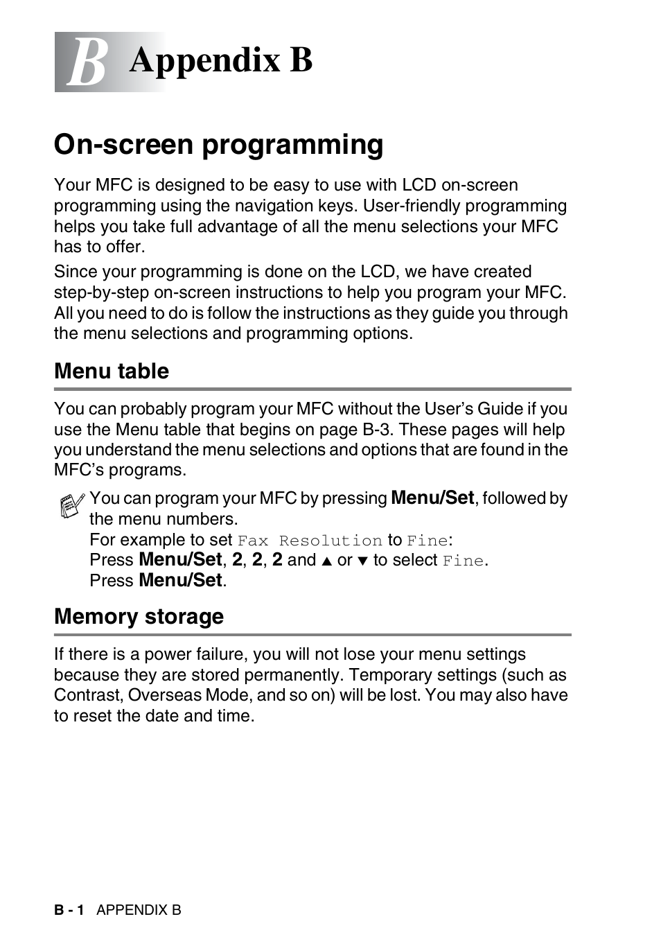 Appendix b, On-screen programming, Menu table | Memory storage | Brother MFC-5440CN User Manual | Page 173 / 211