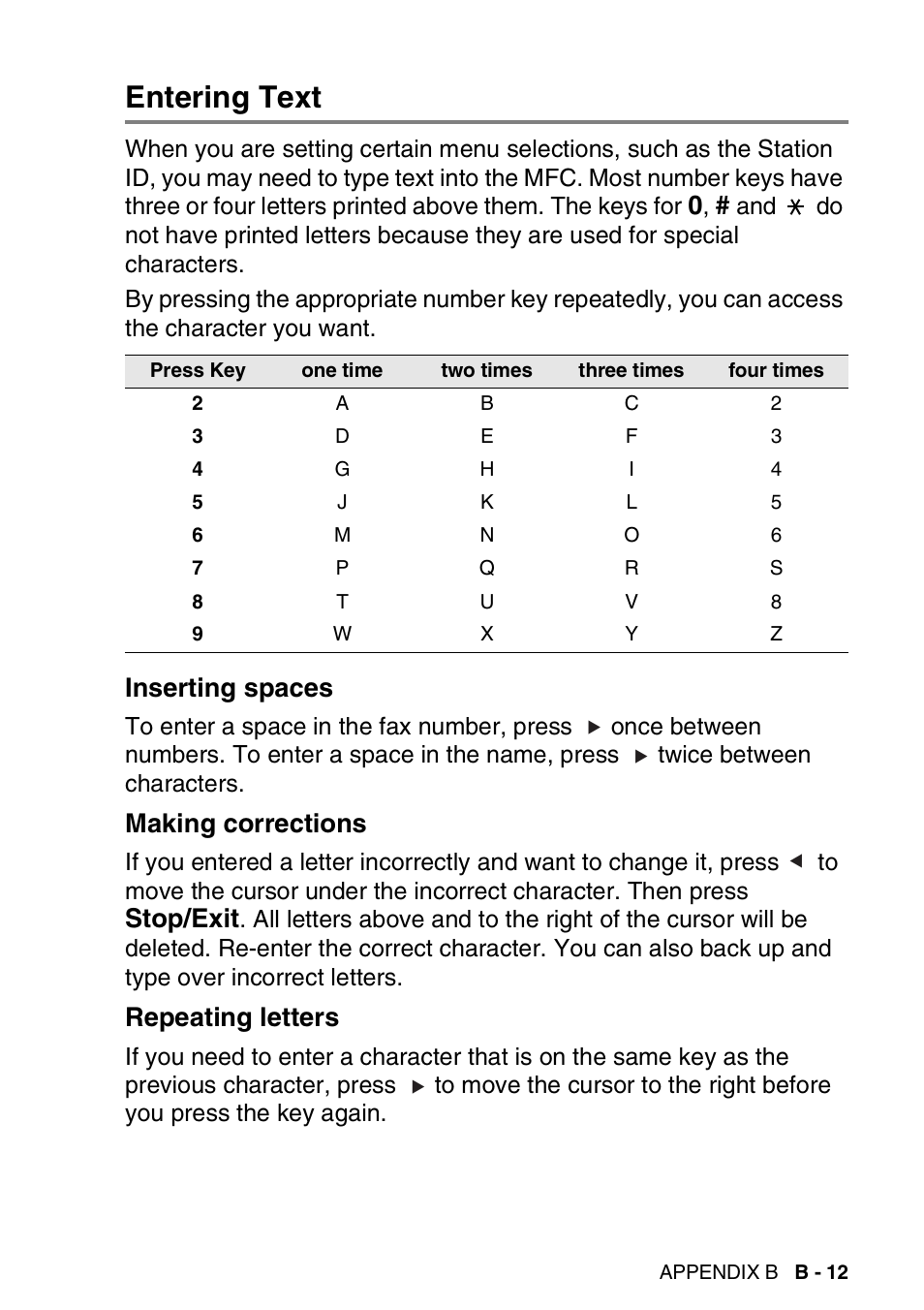 Entering text, Inserting spaces, Making corrections | Repeating letters, Stop/exit | Brother MFC-5440CN User Manual | Page 184 / 211