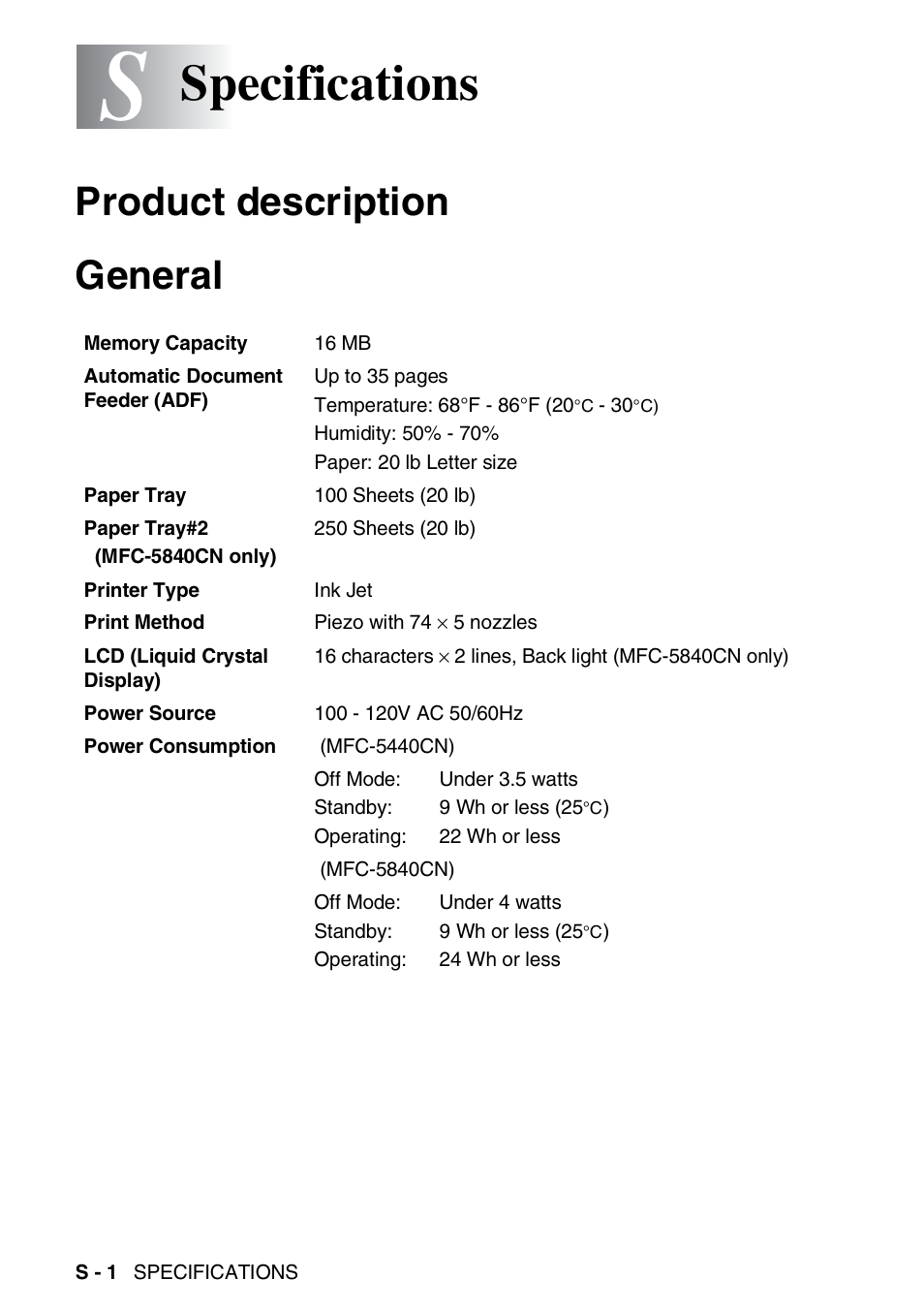 Specifications, Product description, General | Product description general | Brother MFC-5440CN User Manual | Page 191 / 211