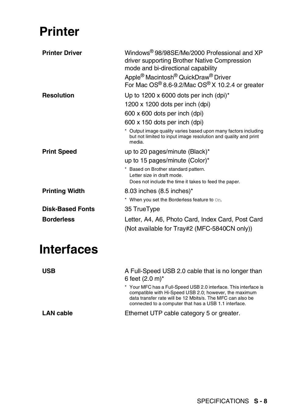 Printer, Interfaces, Printer interfaces | Brother MFC-5440CN User Manual | Page 198 / 211