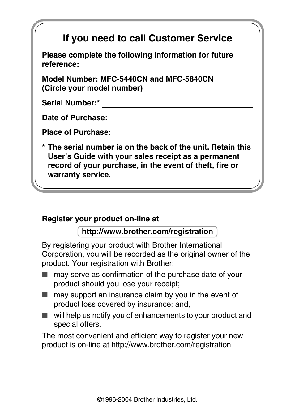 If you need to call customer service | Brother MFC-5440CN User Manual | Page 2 / 211