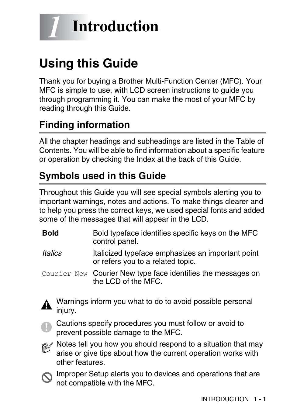 1 introduction, Using this guide, Finding information | Symbols used in this guide, Introduction -1, Using this guide -1, Introduction | Brother MFC-5440CN User Manual | Page 20 / 211