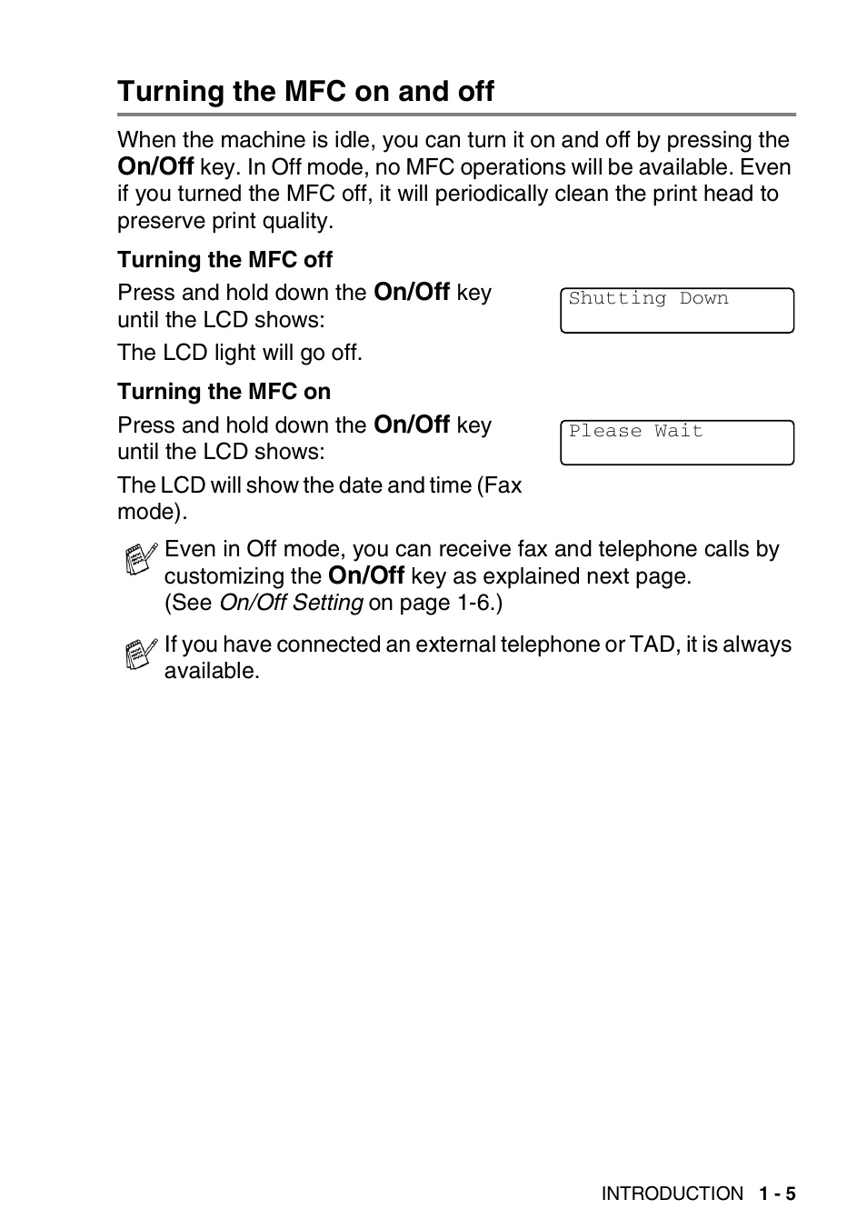 Turning the mfc on and off, Turning the mfc on and off -5 | Brother MFC-5440CN User Manual | Page 24 / 211
