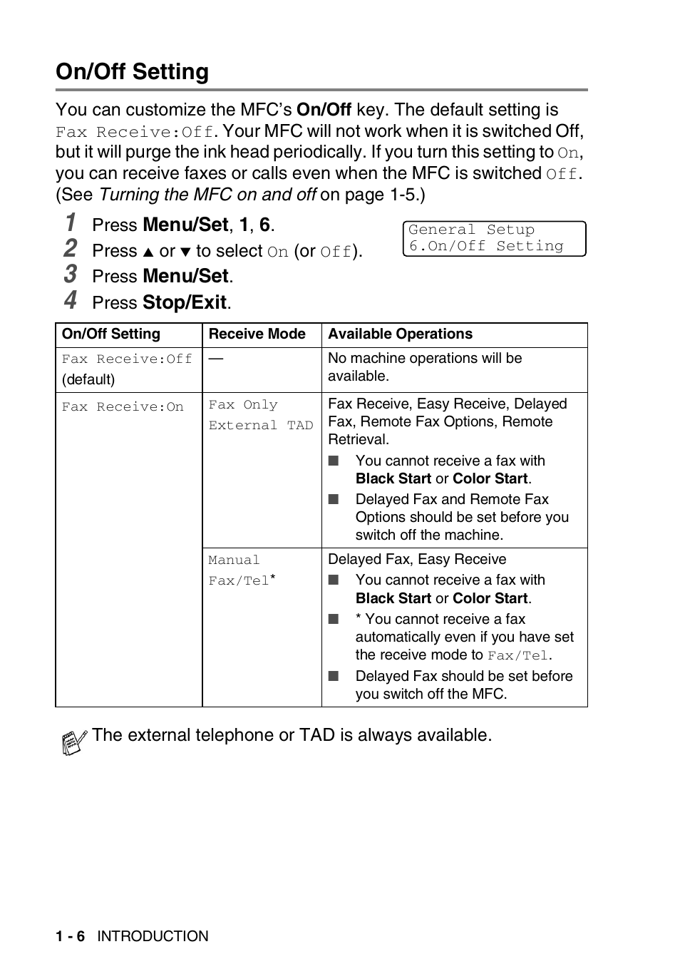 On/off setting, On/off setting -6 | Brother MFC-5440CN User Manual | Page 25 / 211