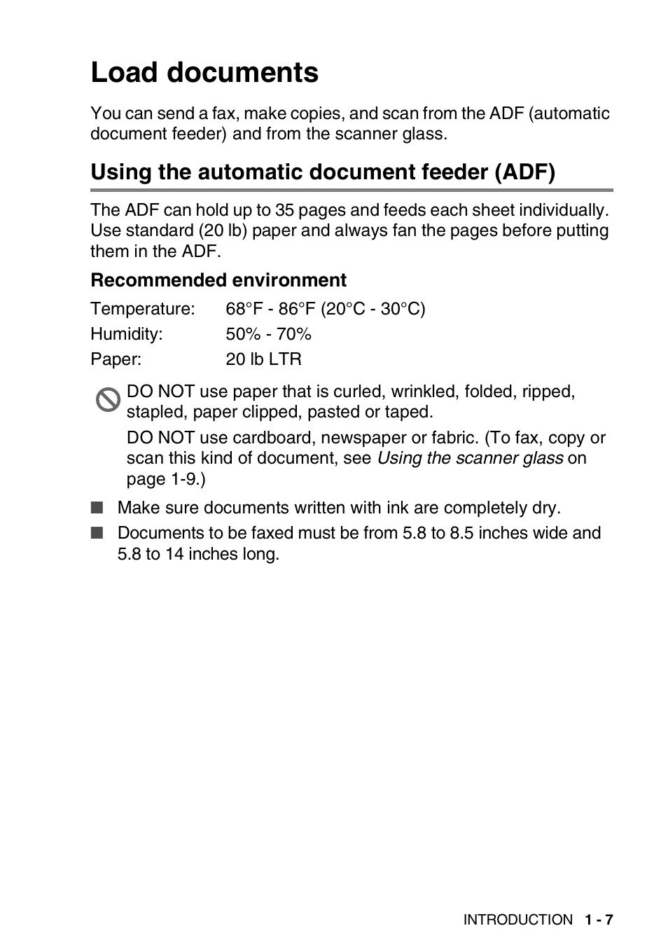 Load documents, Using the automatic document feeder (adf), Recommended environment | Load documents -7, Using the automatic document feeder (adf) -7, Recommended environment -7 | Brother MFC-5440CN User Manual | Page 26 / 211