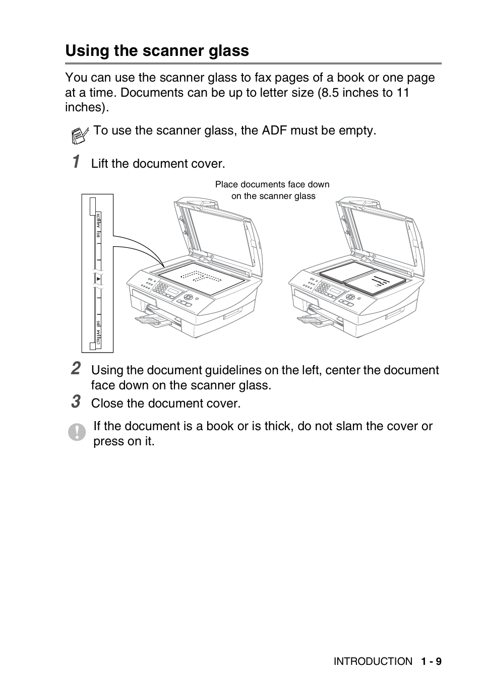 Using the scanner glass, Using the scanner glass -9 | Brother MFC-5440CN User Manual | Page 28 / 211