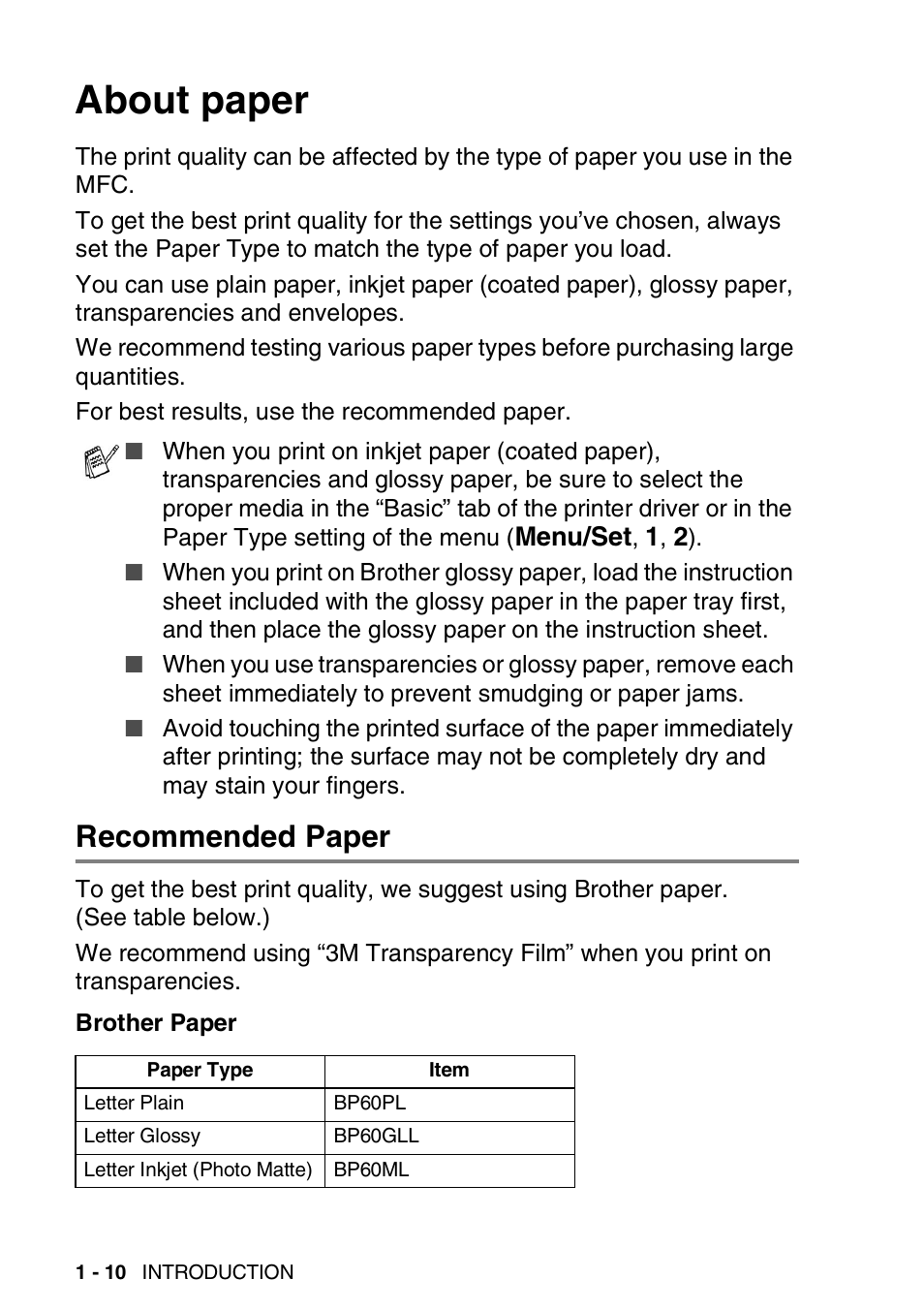 About paper, Recommended paper, About paper -10 | Recommended paper -10 | Brother MFC-5440CN User Manual | Page 29 / 211