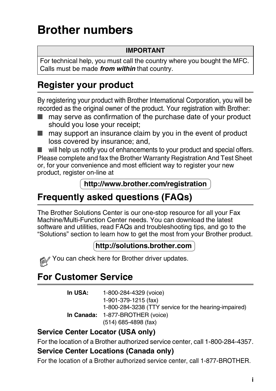 Brother numbers, Register your product, Frequently asked questions (faqs) | For customer service | Brother MFC-5440CN User Manual | Page 3 / 211