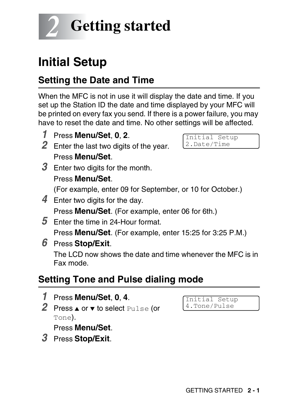 2 getting started, Initial setup, Setting the date and time | Setting tone and pulse dialing mode, Getting started -1, Initial setup -1, Getting started | Brother MFC-5440CN User Manual | Page 44 / 211