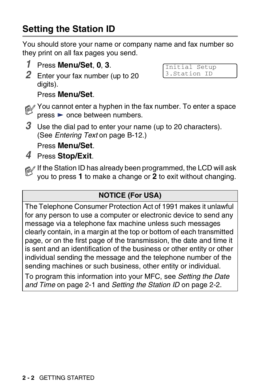 Setting the station id, Setting the station id -2 | Brother MFC-5440CN User Manual | Page 45 / 211